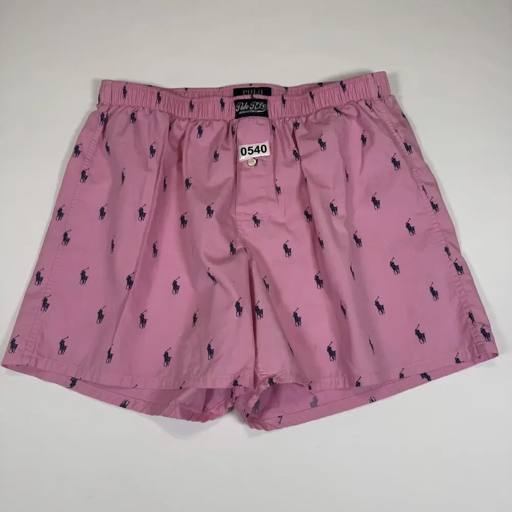 Polo Ralph Lauren Men’s Woven Boxer Shorts Underwear Logo Print Pink/Blue Large